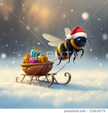 Festive Bee Pulling a Sleigh Full of Christmas Gifts Festive Bee Pulling a Sleigh Full of Christmas Gifts 118810774