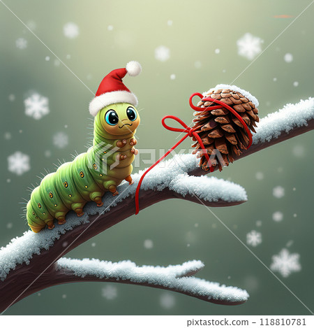Caterpillar on Snowy Branch with Ribbon-Wrapped Pinecone 118810781