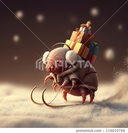Dust Mite on Sled Holding Reins with Gifts on Back in Snowy Setting 118810788