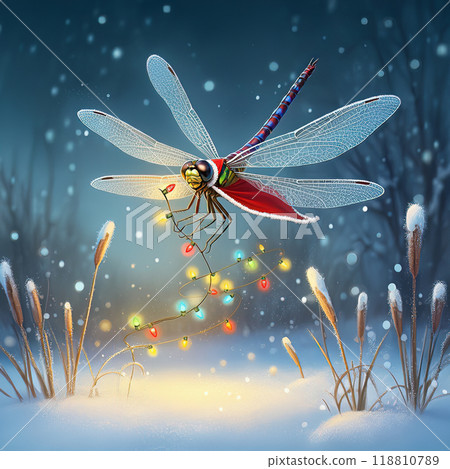 Festive Dragonfly Carrying Christmas Lights 118810789