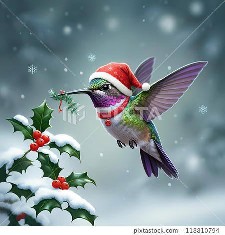 Hummingbird Decorating Snow-Covered Holly with Festive Sprig 118810794