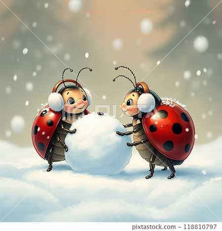 Ladybugs Building a Snowball in a Snowy Landscape 118810797
