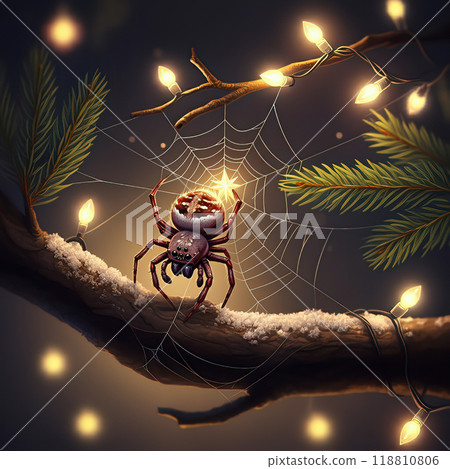 Spider Decorating Web with a Glowing Star and Christmas Lights Spider Decorating Web with a Glowing Star and Christmas Lights 118810806