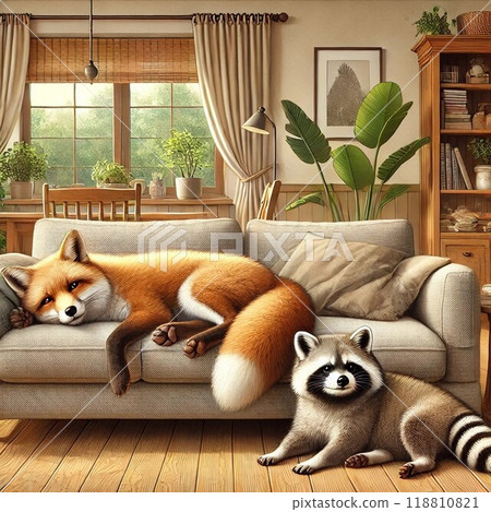 一隻狐狸和一隻貉在客廳放鬆 118810821