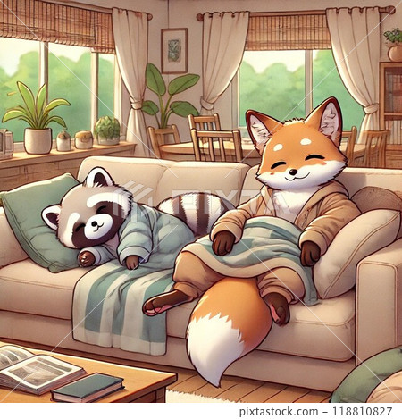 A fox and a raccoon relaxing in the living room 118810827