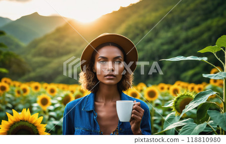 A woman in a hat stands in a field of sunflowers with a cup of coffee in her hand A woman in a hat stands in a field of sunflowers with a cup of coffee in her hand 118810980