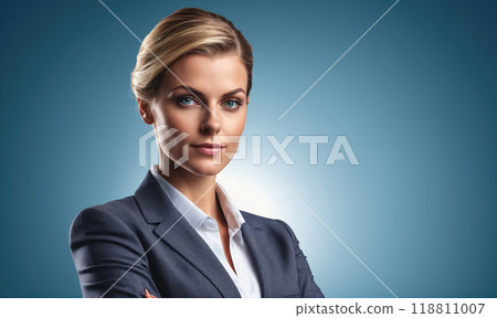 A woman in a suit stands with her arms crossed in front of a blue background 118811007