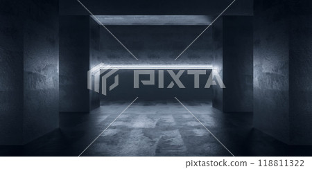A dark concrete hallway with a single line of light 3d render illustration A dark concrete hallway with a single line of light 3d render illustration 118811322