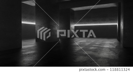 Concrete room with overhead lighting and wet floor 3d render illustration 118811324