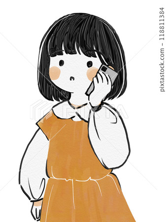 A hand-drawn illustration of a girl having a mysterious phone conversation 118811384