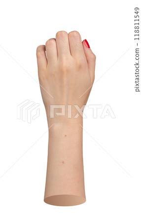 emale hand with red nails clenched into a fist, symbolizing strength, determination, or unity. The 118811549