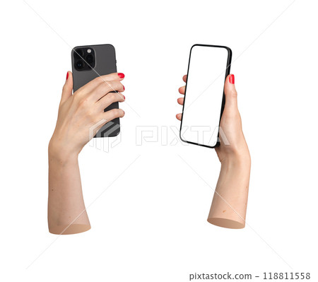 Berlin Germany July 21 2024 Hand holding iphone camera and smartphone screen mockup, isolated on 118811558