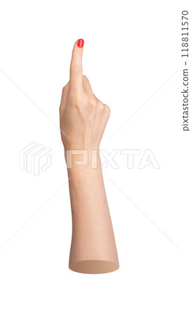 Red nailed hand pointing with the index finger up, showing or indicating a sign. Forefinger gesture Red nailed hand pointing with the index finger up, showing or indicating a sign. Forefinger gesture 118811570