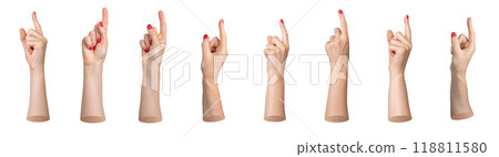 isolated female hands with red painted nails, all making a pointing gesture with the index finger isolated female hands with red painted nails, all making a pointing gesture with the index finger 118811580