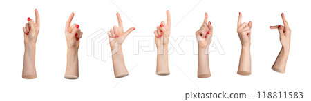 Index finger, red nails, pointing up, hand sign, pointer, forefinger indicating, showing. Isolated Index finger, red nails, pointing up, hand sign, pointer, forefinger indicating, showing. Isolated 118811583