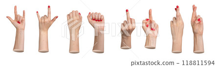 Hands gestures set, finger signs with red nails, isolated on white background 118811594