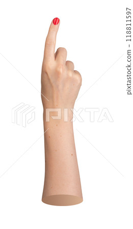 hand with red nails, index finger raised, indicating or showing. Forefinger gesture for a sign or 118811597