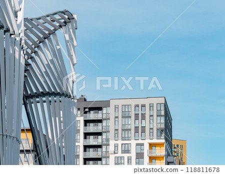 Abstract modern building, geometric pattern with metal texture on white background. Futuristic Abstract modern building, geometric pattern with metal texture on white background. Futuristic 118811678