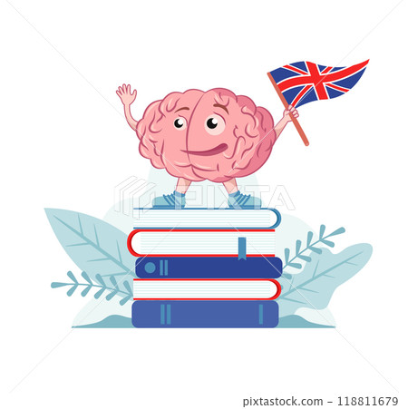 Brain character with the English flag is on the books. Study English language. Vector icon, illustration for the logo of English language courses. Brain character with the English flag is on the books. Study English language. Vector icon, illustration for the logo of English language courses. 118811679
