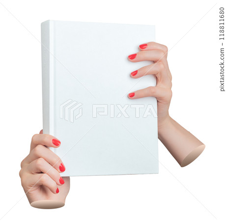 Book, hard cover mockup, blank hardback mock up. Hands with red nail manicure holding paper Book, hard cover mockup, blank hardback mock up. Hands with red nail manicure holding paper 118811680