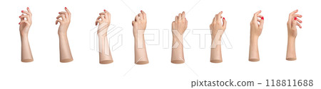 Hand signs, finger gestures pointing, clicking, touching, picking something with neat red manicure, Hand signs, finger gestures pointing, clicking, touching, picking something with neat red manicure, 118811688