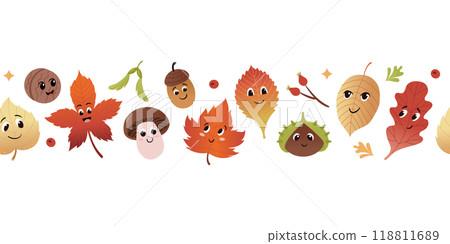Cute autumn characters seamless border. Leaves, mushroom, nuts. Funny anthropomorphic faces. Vector colorful illustration set. 118811689