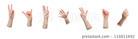 Hand signs set isolated on white background. Finger symbols, gestures, red nail manicure. Expressing 118811692