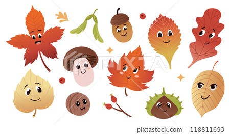 Cute autumn characters. Leaves, mushroom, nuts. Funny anthropomorphic faces. Vector colorful illustration set. Cute autumn characters. Leaves, mushroom, nuts. Funny anthropomorphic faces. Vector colorful illustration set. 118811693