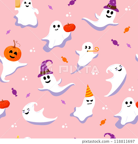Vector seamless pattern of cute Halloween ghost. Different funny characters on pink background. 118811697