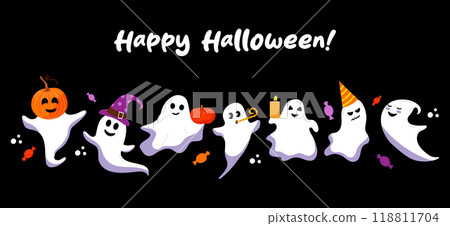 Greeting card with cute ghost. Funny ghosts in hat with pumpkin. Holiday cartoon characters vector set. Greeting card with cute ghost. Funny ghosts in hat with pumpkin. Holiday cartoon characters vector set. 118811704