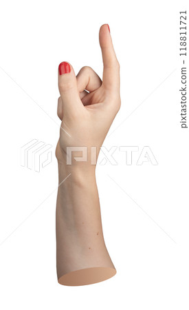 forefinger with red nails, pointing upward to indicate or show. Hand gesture for advertising, forefinger with red nails, pointing upward to indicate or show. Hand gesture for advertising, 118811721