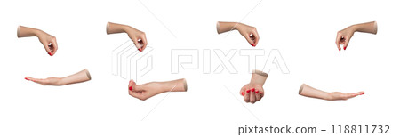 female hands with red painted nails in various poses, including pinching, holding, and open palm 118811732