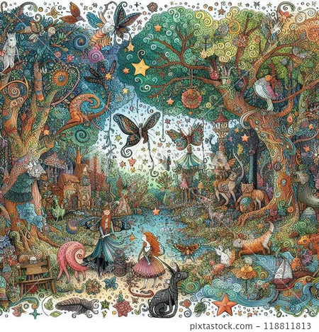A fairy-tale-like digital illustration using lots of colour A fairy-tale-like digital illustration using lots of colour 118811813