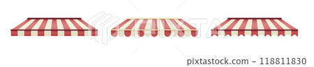 Striped awning for cafe. Striped shop canopy. Store or cafe sunshade awning. 118811830