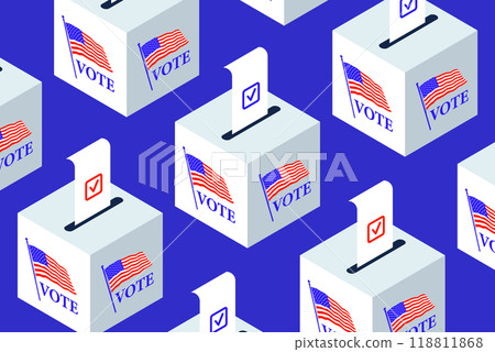 US Presidential Elections banner. Isometric ballot boxes with completed bulletins 118811868