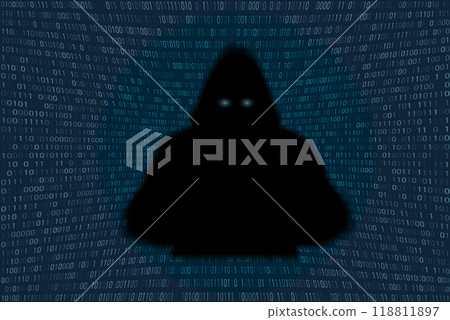 Hacking illustration. Hacker in the hoodie at the laptop Hacking illustration. Hacker in the hoodie at the laptop 118811897