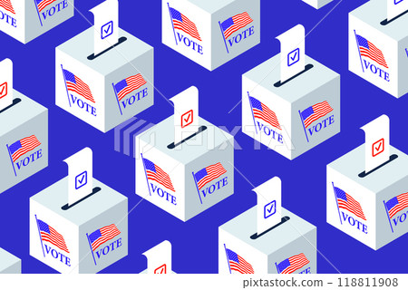 US Presidential Elections banner. Isometric ballot boxes with completed bulletins 118811908