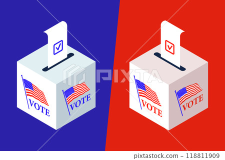 Counting of votes in the US presidential elections illustration. Isometric ballot boxes with completed bulletins 118811909