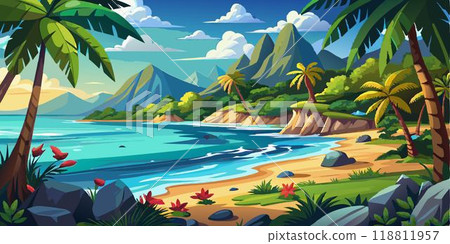 Tropical resort landscape. Tropic island with palm and sand coast. Beach background. Cartoon summer vacation. Exotic outdoor tourism 118811957
