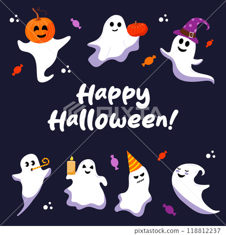 Greeting card with cute ghosts. Funny ghosts in hat with pumpkin. Holiday cartoon characters vector set on blue background. 118812237