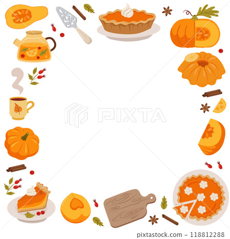 Pumpkin pie square frame. Pumpkin slice, spices, meringues, whole pie, piece of pie, teapot. Set of bright elements for Thanksgiving recipes. 118812288