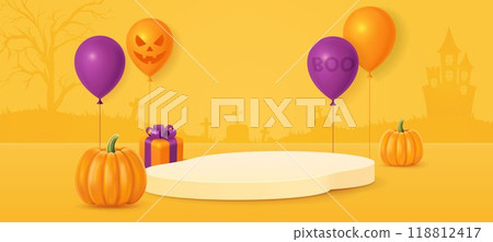Halloween background with smiling pumpkins, balloons, gift boxes and sweets 118812417