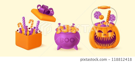 Halloween background with smiling pumpkins, balloons, gift boxes and sweets 118812418