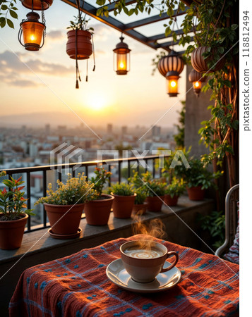 cozy outdoor setting on the balcony with a latte in a cup on a table and potted plants 118812494