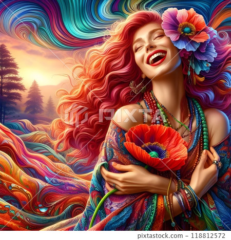 A lively and stunning illustration of a free-spirited woman. A lively and stunning illustration of a free-spirited woman. 118812572