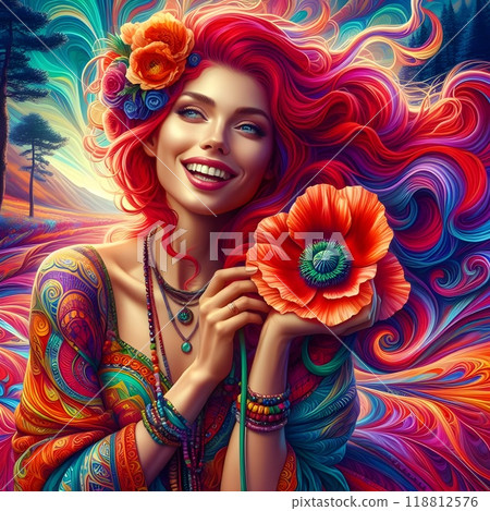 A lively and stunning illustration of a free-spirited woman. 118812576