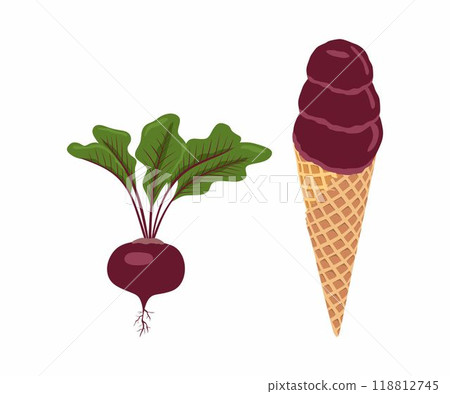 Beet ice cream. Summer healthy refreshment dessert. Vegetarian or vegan trendy food concept. With fresh vegetables. Isolated on white background Beet ice cream. Summer healthy refreshment dessert. Vegetarian or vegan trendy food concept. With fresh vegetables. Isolated on white background 118812745