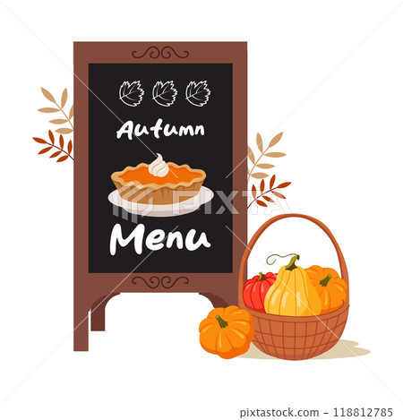 Wooden sidewalk chalkboard menu. Festive autumn decor - wicker basket with pumpkins, leaves. Autumn special menu. Vector illustration. Wooden sidewalk chalkboard menu. Festive autumn decor - wicker basket with pumpkins, leaves. Autumn special menu. Vector illustration. 118812785