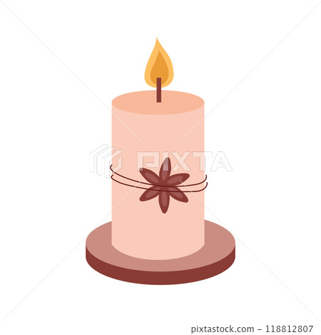 Burning candle with star anise. Aroma candle in scandi style illustration on white background. 118812807