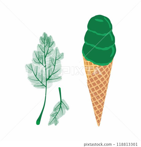 Dill ice cream. Summer healthy refreshment dessert. Vegetarian or vegan trendy food concept. With fresh vegetables. Isolated on white background 118813301